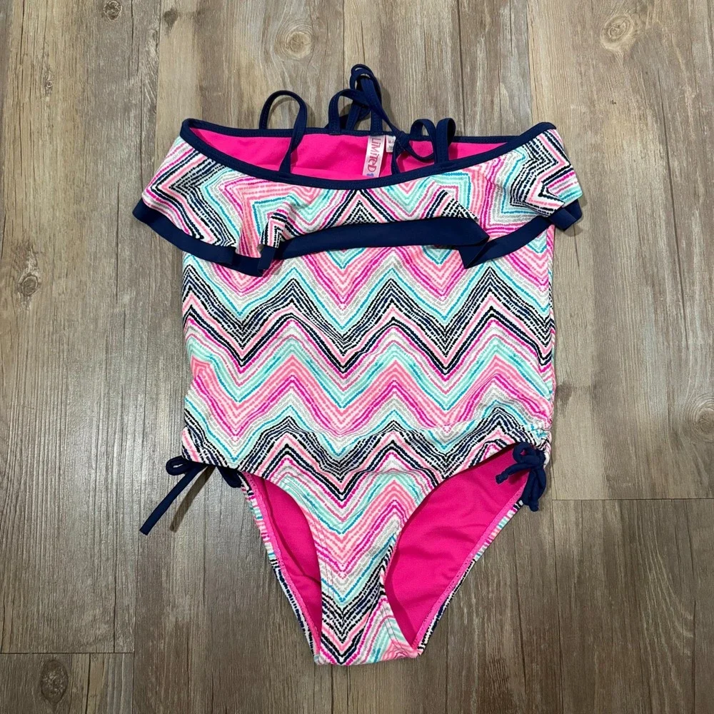 Limited Too One Piece Swimsuit Girls Medium 10/12 Multicolor Chevron Side Ties‎